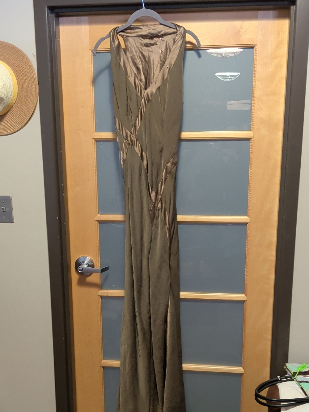 Danes Olive Bronze Maxi Dress with Satin Trim
